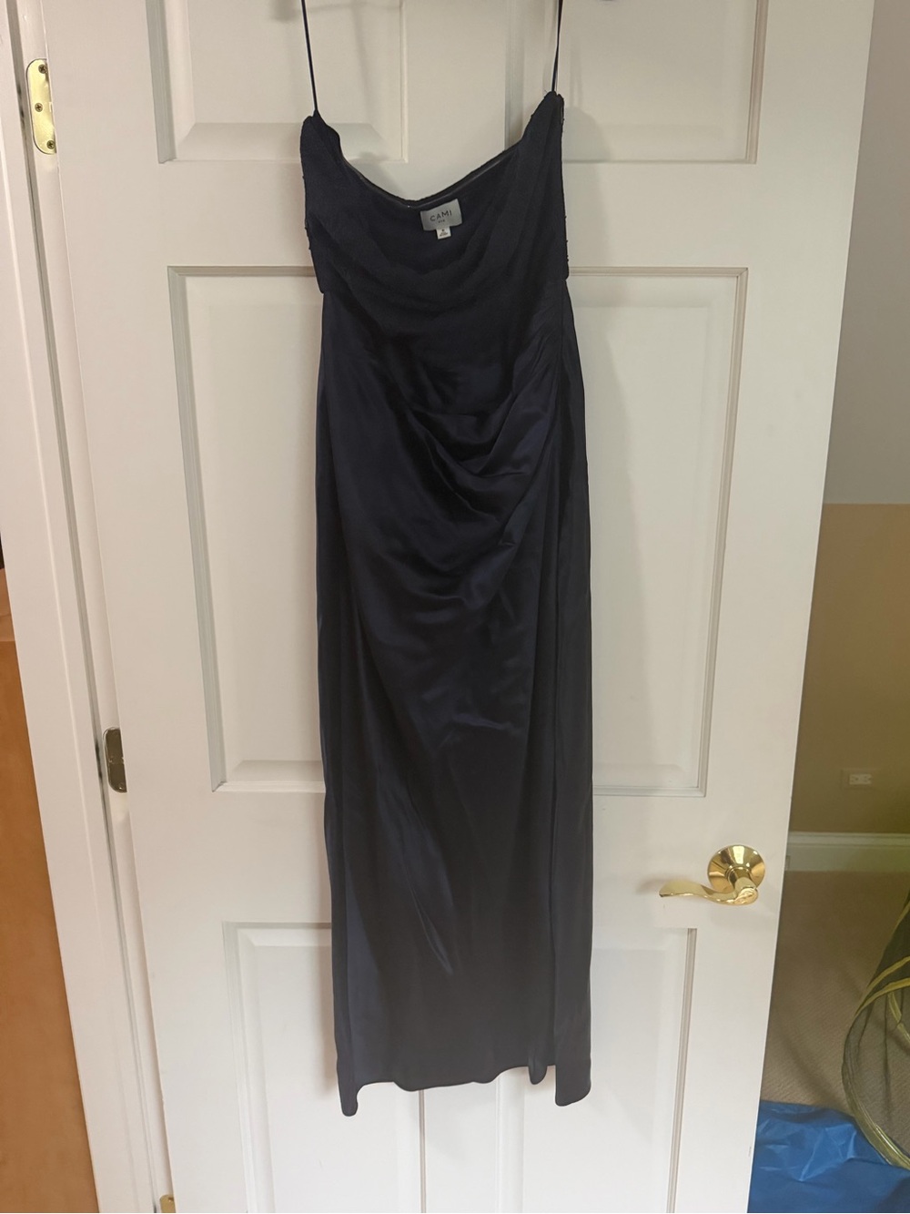 Cami NYC Satin Strapless Midi Dress in Midnight Blue.